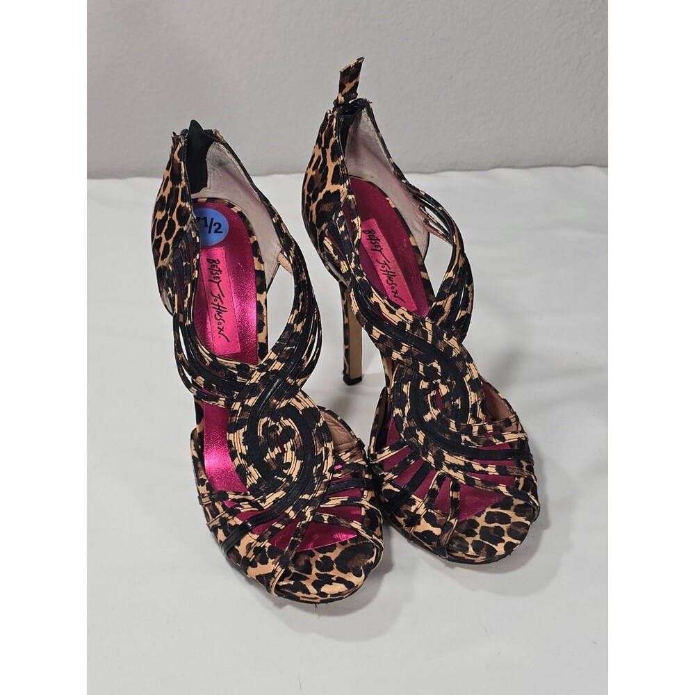 Betsey Johnson 7.5M leopard satin cut out open toe stiletto high heels Pump Y2K